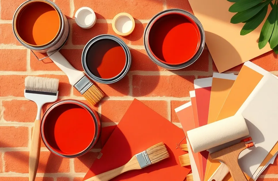 Pots de peinture, nuancier, brosses et rouleaux disposés à plat