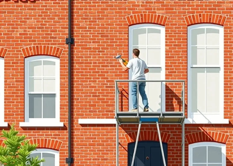Peintre sur échafaudage traitant la façade d'une maison